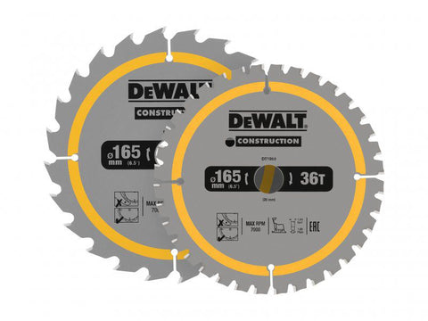 DeWALT Construction Circular Saw Blade 2 Pack 165 x 20mm x 24T/36T Main Image