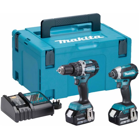 Makita DLX2180TJ 18v Cordless Brushless Twin Kit DHP484 Combi Drill & DTD153 Impact Driver inc 2x 5.0Ah Batts Main Image